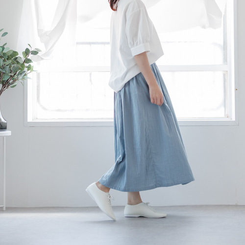 ふんわり柔らかダブルガーゼのギャザースカート/くすみブルー ロング