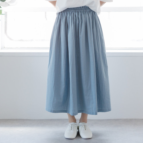 ふんわり柔らかダブルガーゼのギャザースカート/くすみブルー ロング