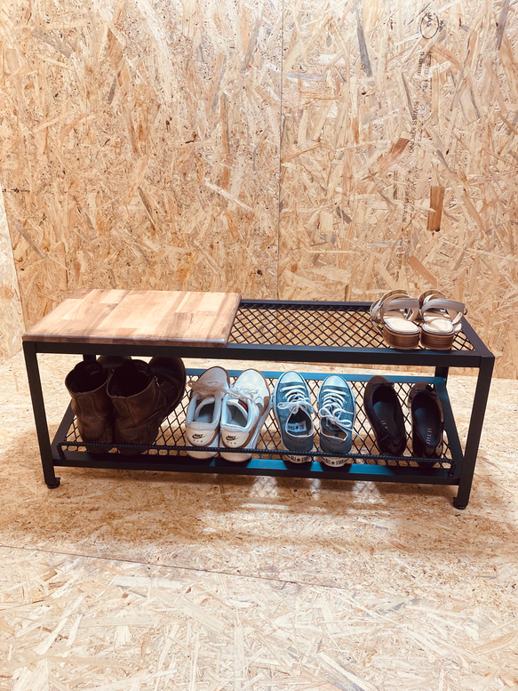 シューズラック　アイアン　インダストリアル　靴収納　スリム　かっこいい　シンプル　ベンチ　腰掛 