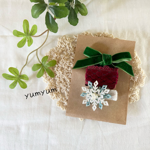 冬限定ヘアピン3点セット】ベルベットリボン＆フリルリボン、雪の結晶