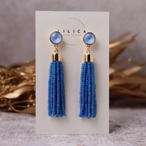 タッセルフリンジブルー青茶色ウッドビーズイヤリングピアス個性的