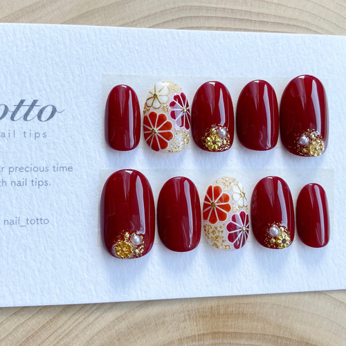 【311】オーダー❉赤 金 花 アート 成人式 卒業式 振袖 着物 和装ネイル 311】オーダー❉赤 金 花 アート 成人式 卒業式 振袖 着物 和装ネイル