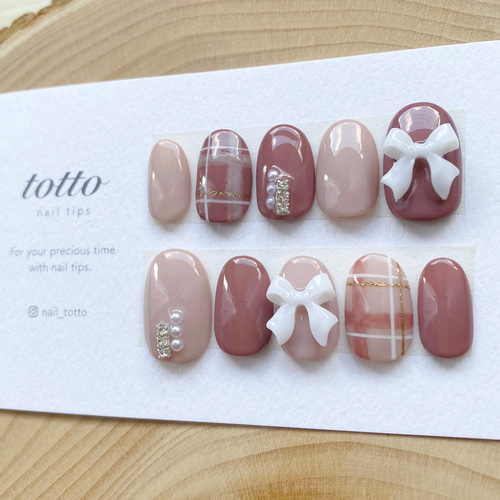 チェック×リボン ネイルチップ 12ae8e3cfa7a28ccbef6c77bd51331