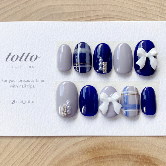 チェックネイル/リボンネイル/青/ネイビー/ブルーグレー/秋ネイル/冬