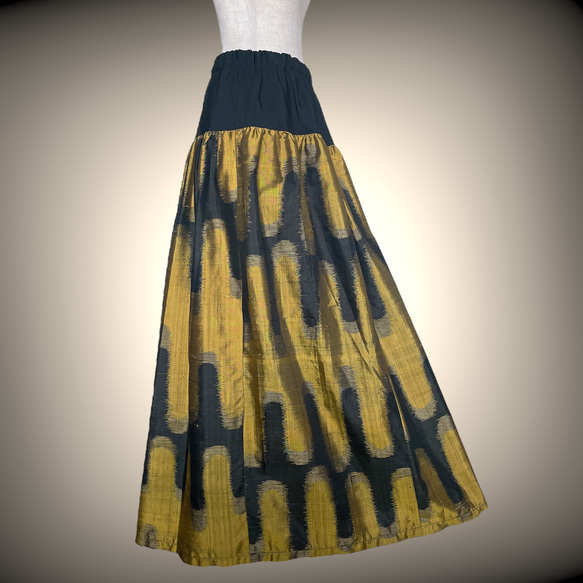 銘仙着物 黒黄色 マキシ丈スカート 着物リメイク ロング丈 衣装 トールサイズ対応 和装コーデ B6806 