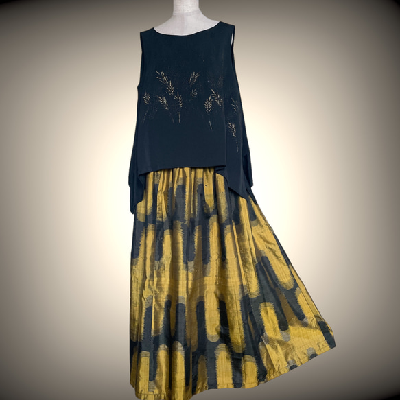 銘仙着物 黒黄色 マキシ丈スカート 着物リメイク ロング丈 衣装 トールサイズ対応 和装コーデ B6806 