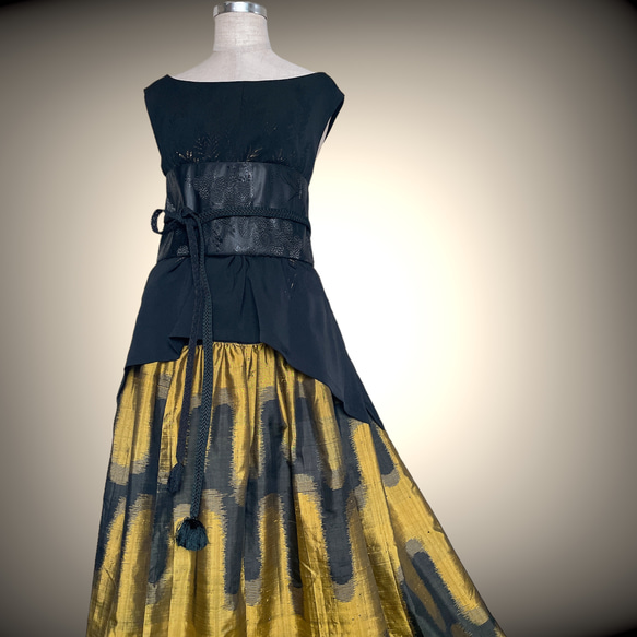 銘仙着物 黒黄色 マキシ丈スカート 着物リメイク ロング丈 衣装 トールサイズ対応 和装コーデ B6806 