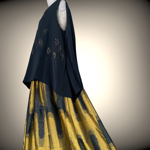 銘仙着物 黒黄色 マキシ丈スカート 着物リメイク ロング丈 衣装 トールサイズ対応 和装コーデ B6806 