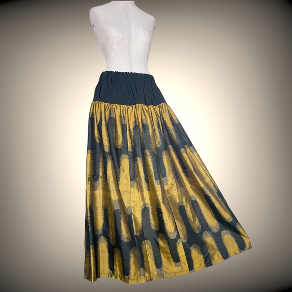 銘仙着物 黒黄色 マキシ丈スカート 着物リメイク ロング丈 衣装 トールサイズ対応 和装コーデ B6806 