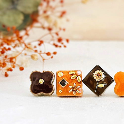 オレンジ ブラウン 美濃焼 小ぶり ピアス イヤリング ガラス