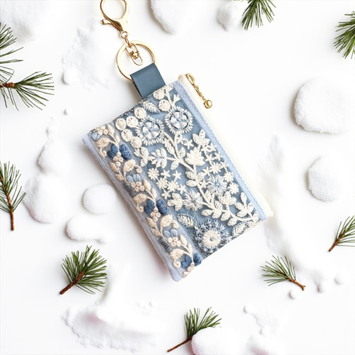 空と雲/チュールレース・インド刺繍×帆布 キーホルダー付きフラット