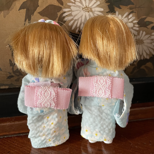 M2414ミキちゃんマキちゃん ハンドメイド服 浴衣 帯 うさぎと花柄