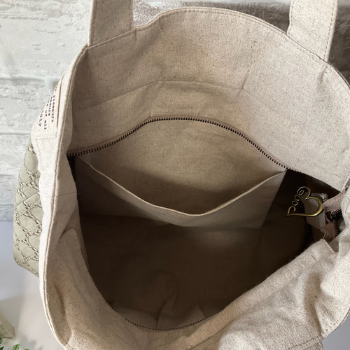 ファスナー付きMサイズ】サークル柄レース 綿麻グラニーバッグ カーキ