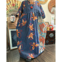 藍×柿渋染め　浴衣リメイクワンピース　着物リメイク 浴衣(蝶々柄)と鯛柄の手ぬぐいの柿渋染めワンピース 浴衣