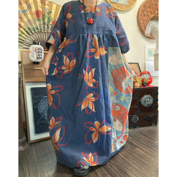 浴衣(蝶々柄)と鯛柄の手ぬぐいの柿渋染めワンピース 浴衣 浴衣(蝶々柄)と鯛柄の手ぬぐいの柿渋染めワンピース 浴衣