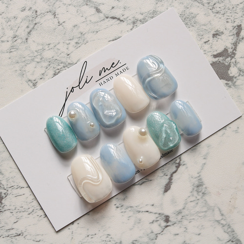 ネイルチップ ニュアンス ブルー ちゅるん 青 オーダーネイル フルオーダー 138 ネイルチップ ニュアンスネイル ブルーネイル 青ネイル