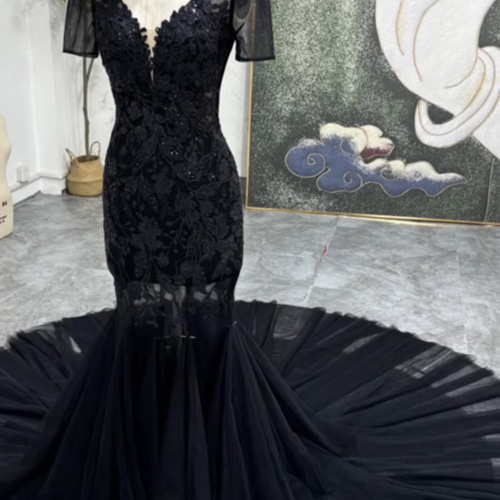 カラードレス ブラック かっこいい マーメイドドレス Vネック 優雅な  