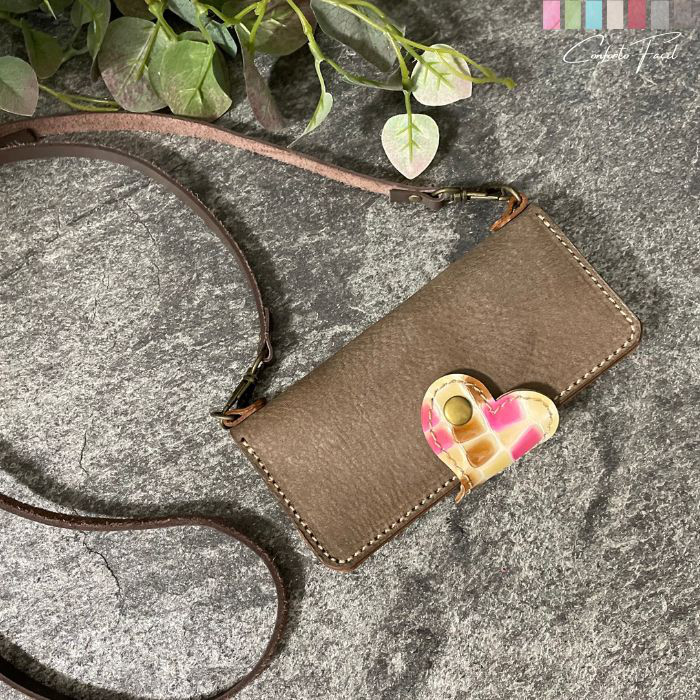 ◆大人気シリーズ◆7色◆イタリア／イタリアンレザーグラスハートの本革手帳型スマホショルダー[多機種対応]