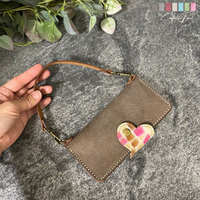 ◆7色◆イタリア／イタリアンレザーグラスハートの本革手帳型スマホケース・ストラップ付【多機種対応]iPhone