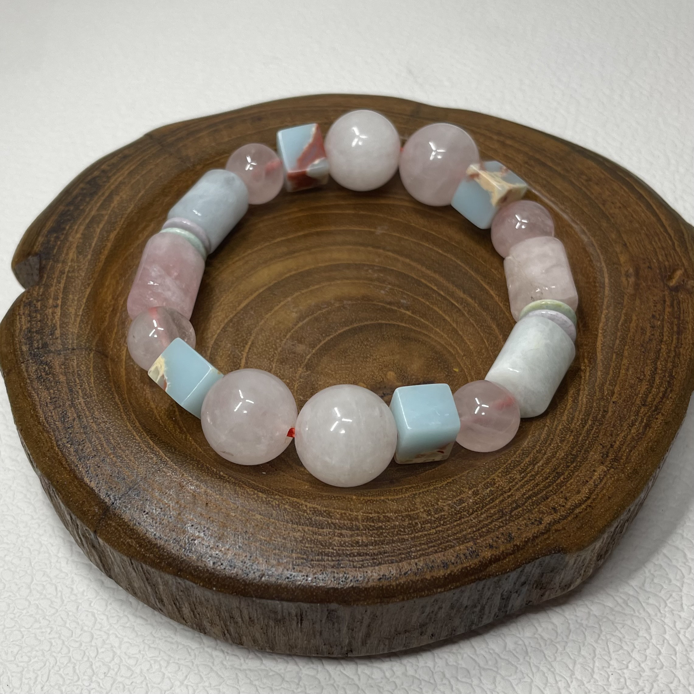 【内径16cm】ベリル　ローズクォーツ大玉　モネの石　マカロン　ブレスレット