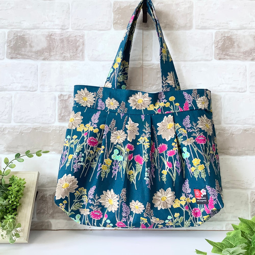 ファスナー付きMサイズ】ボタニカル柄 綿麻グラニーバッグ ネイビー