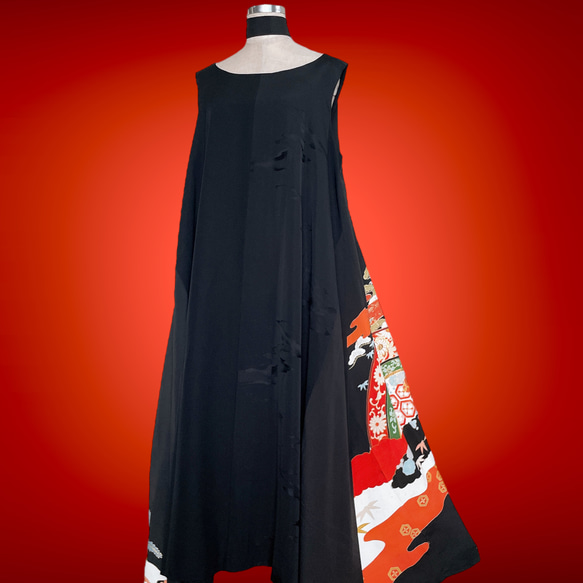 留袖ワンピース 着物 テントワンピース 着物ワンピース ゆったり 結婚式 衣装 着物リメイク黒 M～3L（B6812） 