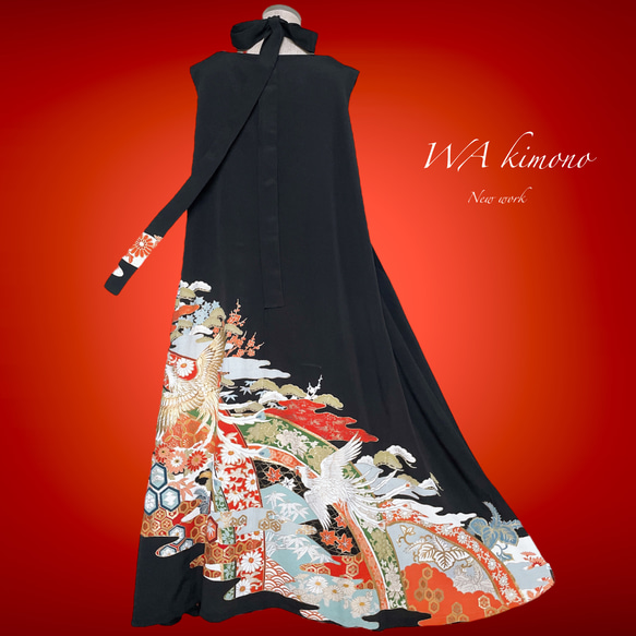 留袖ワンピース 着物 テントワンピース 着物ワンピース ゆったり 結婚式 衣装 着物リメイク黒 M～3L（B6812） 