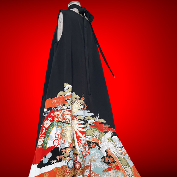 留袖ワンピース 着物 テントワンピース 着物ワンピース ゆったり 結婚式 衣装 着物リメイク黒 M～3L（B6812） 