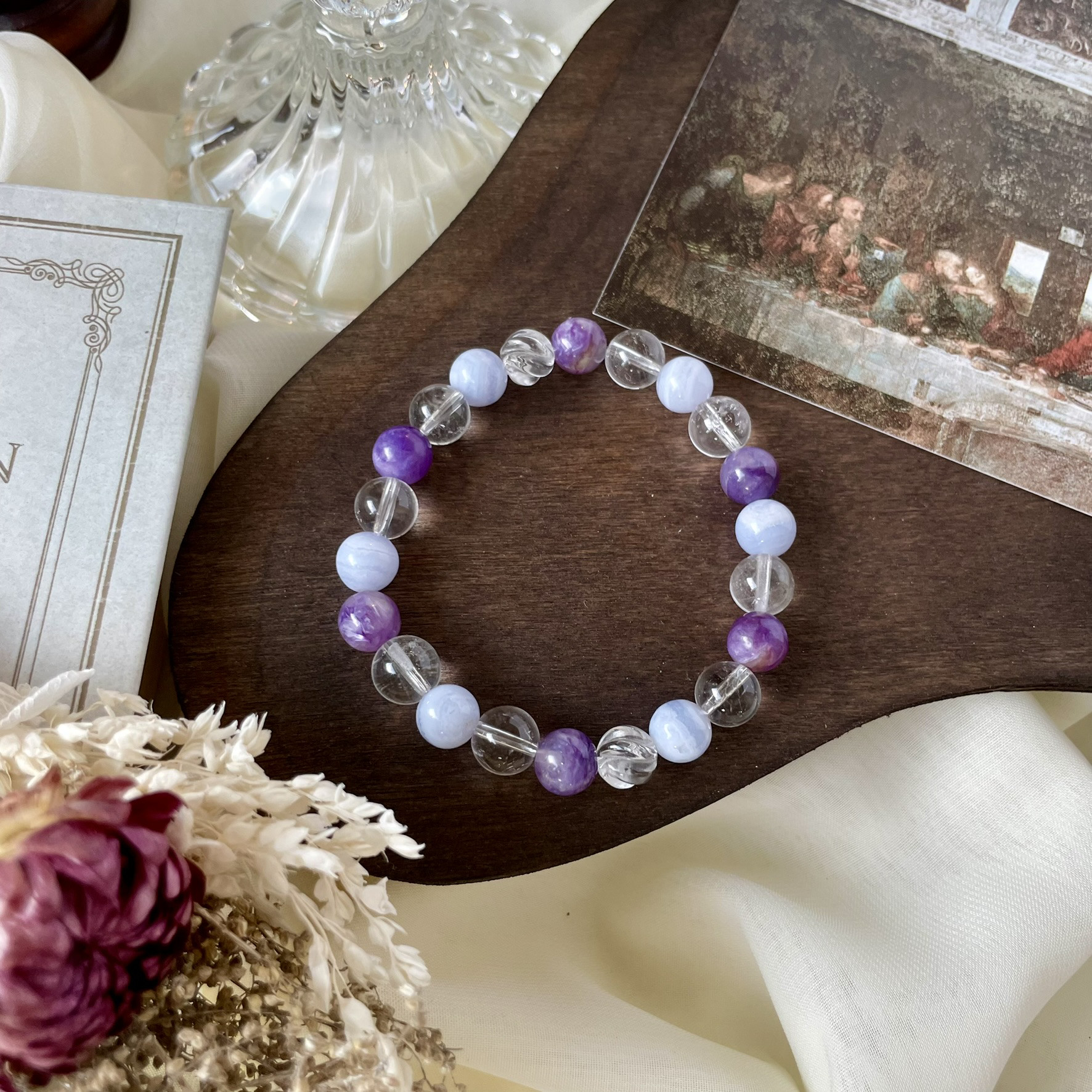 【希少石】エンジェルシリカとブルーレースアゲートのブレスレット（巾着付） 4,050円