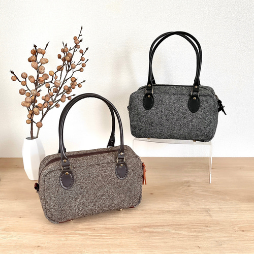 ウールツイードのころんとスクエア2WAYボストンバッグ【ブラウン