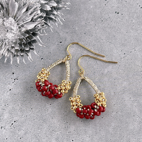 ラメ糸の粒々シャイニーティアフレームピアスorイヤリング＊深みレッド  