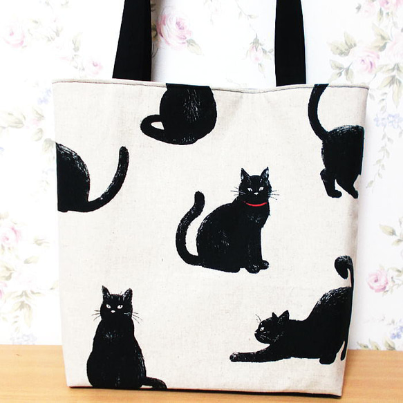 大きめトートバッグ 黒猫 コットンリネン ハンドメイド ショルダー 