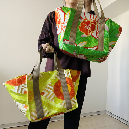 帯リメイク・T007・トートバッグ・黄緑・和柄・シルク100％・袋帯  