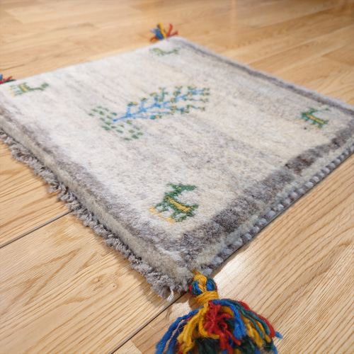 ペルシャ ギャッベ ミニマット 40x38cm ベージュ グレー 水色の生命の