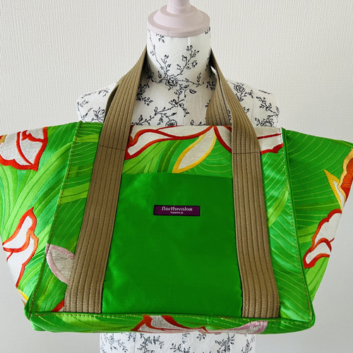 帯リメイク・T008・トートバッグ・緑・和柄・シルク100％・袋帯  