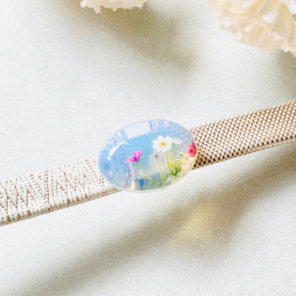 天然石オパールとコスモスの帯留め ポニーフック ブローチ 帯留め  