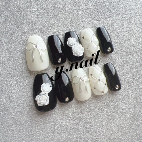 ネイルチップ/リボン/キルティング/薔薇/バラ/ガーリーネイル/韓国