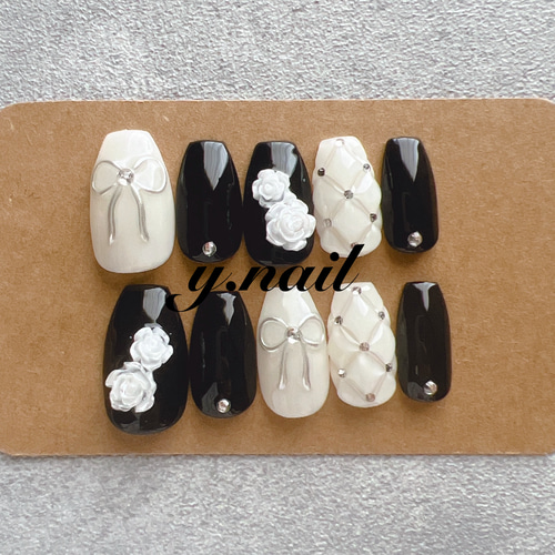 ネイルチップ/リボン/キルティング/薔薇/バラ/ガーリーネイル/韓国