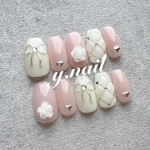 年末のプロモーション特価！ ネイルチップ/リボン/キルティング/薔薇/バラ/ガーリーネイル ネイルチップ・付け爪