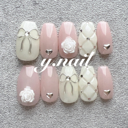 ネイルチップ/リボン/キルティング/薔薇/バラ/ガーリーネイル/韓国