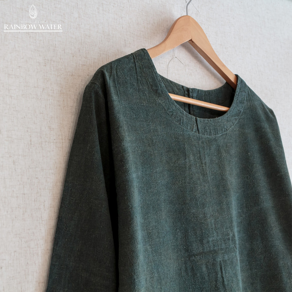 【ヘンプコットン】ジャパニーズ エプロン – 割烹着 / 草木染め 割烹着 ORGANIC COTTON ルバーブ+藍染め RAINBOW