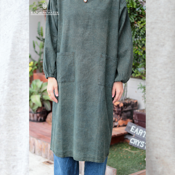 【ヘンプコットン】ジャパニーズ エプロン – 割烹着 / 草木染め 割烹着 ORGANIC COTTON ルバーブ+藍染め RAINBOW