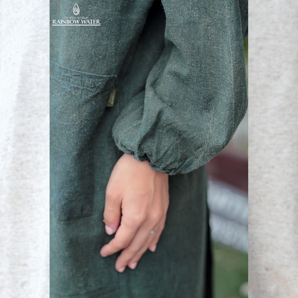 【ヘンプコットン】ジャパニーズ エプロン – 割烹着 / 草木染め 割烹着 ORGANIC COTTON ルバーブ+藍染め RAINBOW