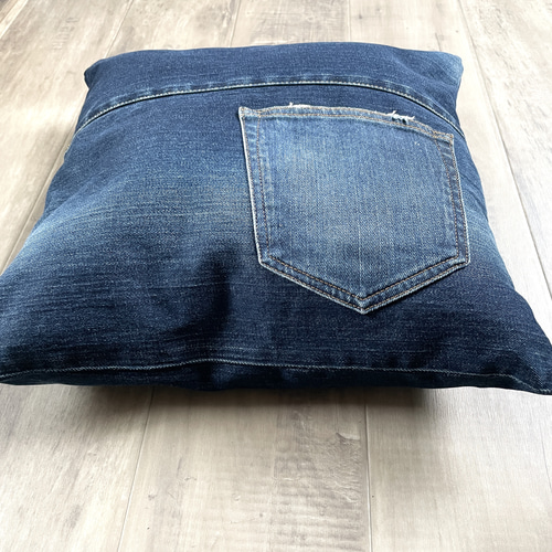 ハンドメイド】 クッション デニム リメイク インテリア ブルー