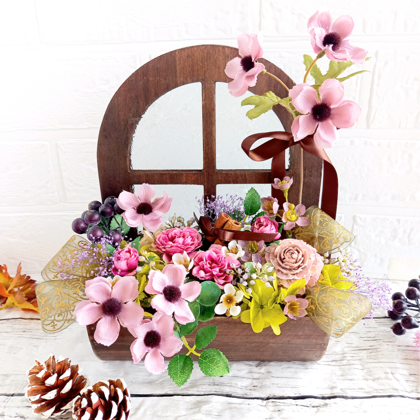 【フラワーアレンジ】大人可愛いアンティークカラーの窓枠アレンジ♡ラッピング無料/秋インテリア・ギフト