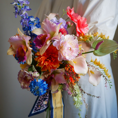ウェディングブーケ 前撮りブーケ 個性派ブーケ スカーフ カラフル