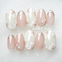 No.46 ミラーフレンチ×白フラワーネイル ブライダルネイル 結婚