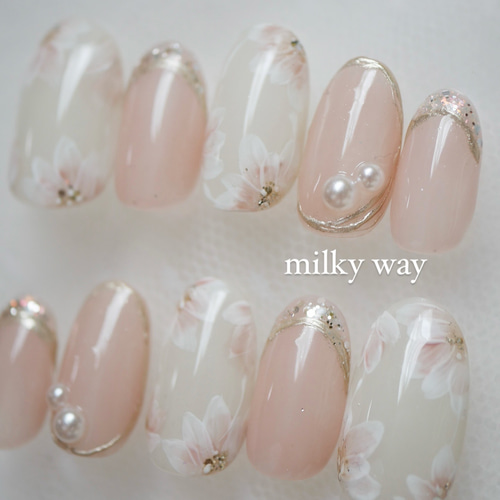 最終値下げ!ネイルチップ フレンチネイル 花嫁 光沢 ネイル 可愛い 白 花 No.46 ミラーフレンチ×白フラワーネイル ブライダルネイル 結婚