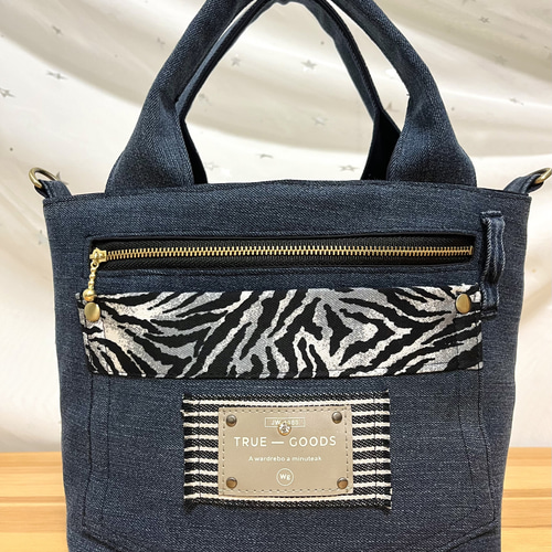 1116 ACHACO　デニムリメイクバックハンドメイド2点 送料込みデニムリメイクバッグ（M）No.594☆ハンドバッグ コインポーチ