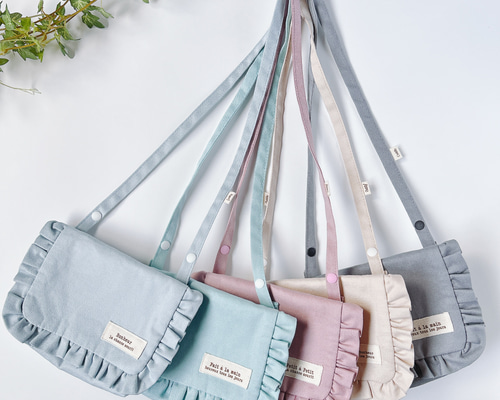 移動ポケットオーダー受付中☆ショルダー紐☆フリル☆フタにファスナー☆ハンドメイド 移動ポケットショルダー紐 フリルくすみカラー オックス用③ はじめて